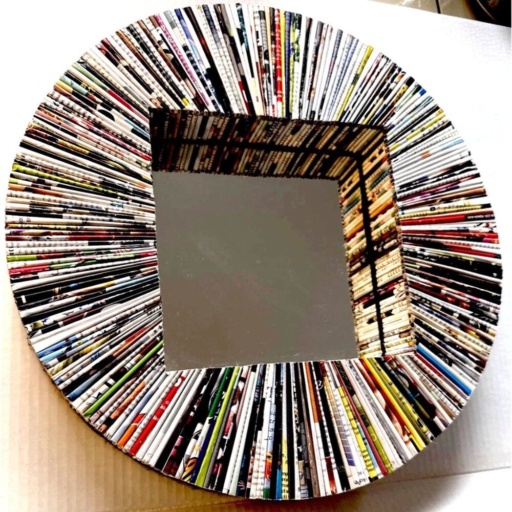 16" Square Mirror with Recycled Magazine Frame Round Unique Art